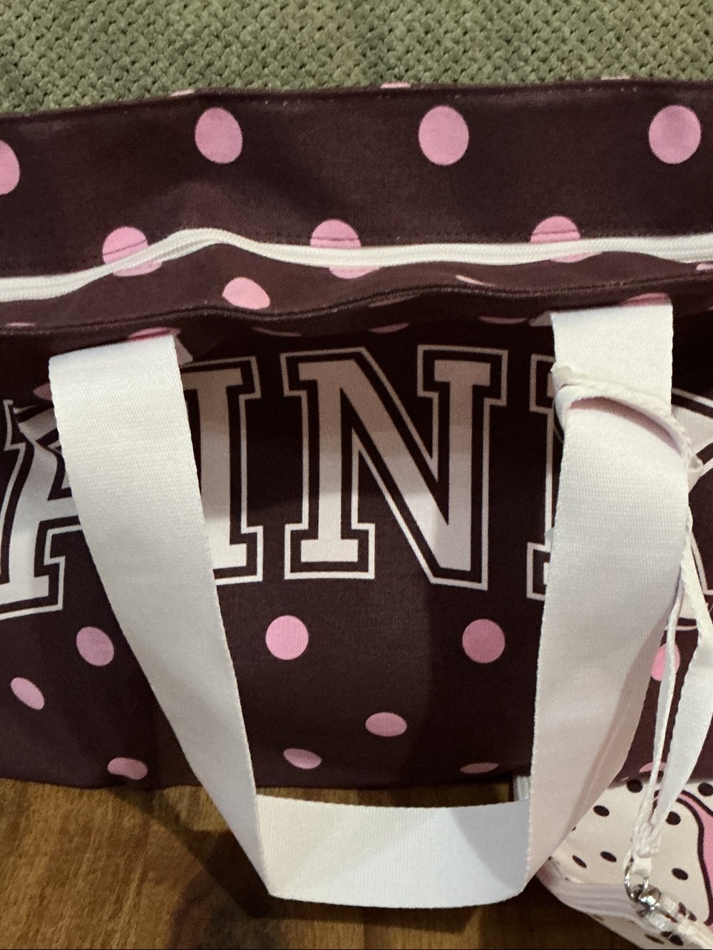 PINK Victoria's Secret Brown Tote with Pink Polka Dots and Matching Pouch nwt - Picture 7 of 8